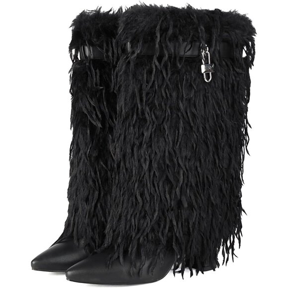 ⚡Women's Black Fold Over Faux Fur Mid Calf Boots Chunky Heel Point Toe - Picture 7 of 7